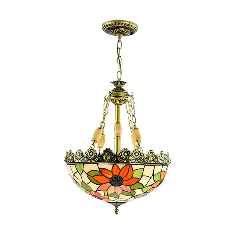 Tiffany Sunflower/Rose Chandelier 4 Light Stained Art Glass Pendant Kit - Red/Green For Bedroom