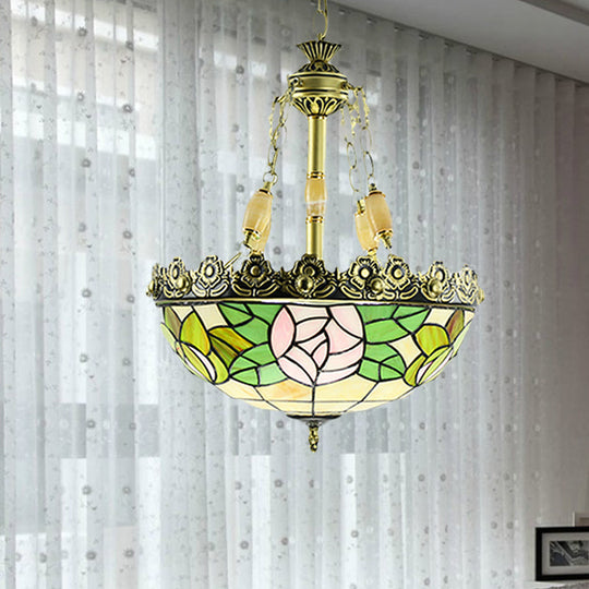 Sunflower/Rose Chandelier Pendant Light Kit - Stained Art Glass, 3/4 Lights, Red/Green - Bedroom Lighting