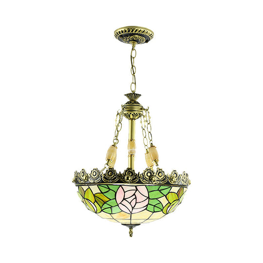 Tiffany Sunflower/Rose Chandelier 4 Light Stained Art Glass Pendant Kit - Red/Green For Bedroom