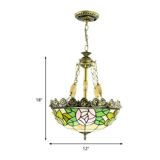 Sunflower/Rose Chandelier Pendant Light Kit - Stained Art Glass, 3/4 Lights, Red/Green - Bedroom Lighting