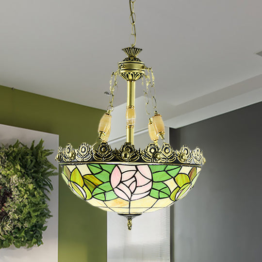 Sunflower/Rose Chandelier Pendant Light Kit - Stained Art Glass, 3/4 Lights, Red/Green - Bedroom Lighting