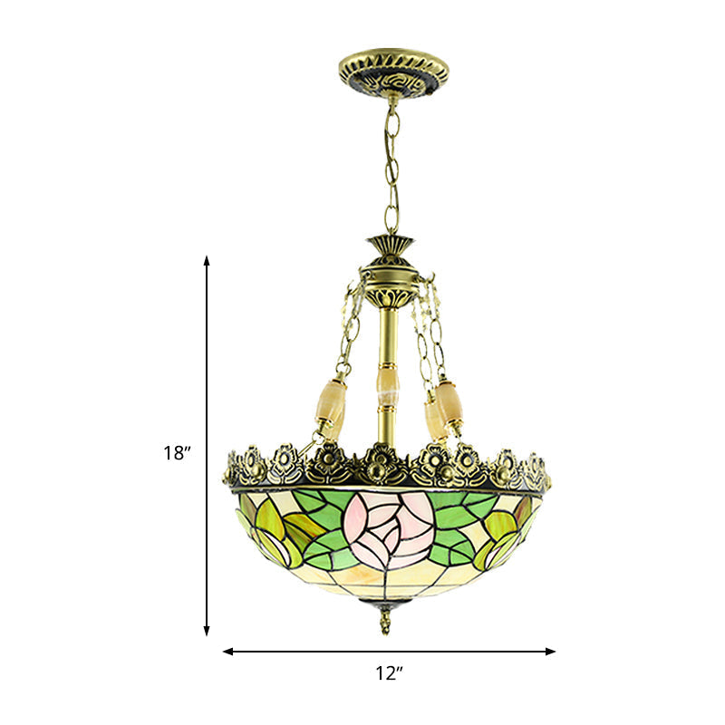 Tiffany Sunflower/Rose Chandelier 4 Light Stained Art Glass Pendant Kit - Red/Green For Bedroom