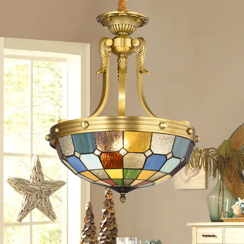 Blue Tiffany Chandelier Lighting: 3-Light Suspension Pendant with Cut Glass Bowl Shade for Kitchen