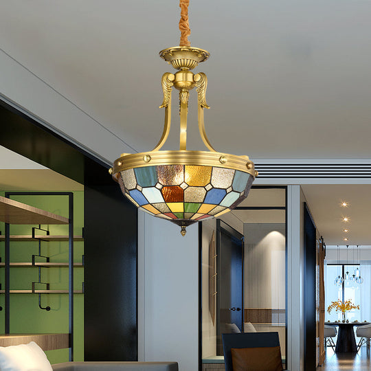 Blue Tiffany Chandelier Lighting: 3-Light Suspension Pendant with Cut Glass Bowl Shade for Kitchen