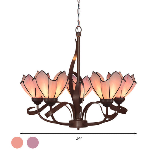 Baroque Pink/Purple Floral Chandelier Pendant - Bronze 3/5 Lights Kitchen Lamp