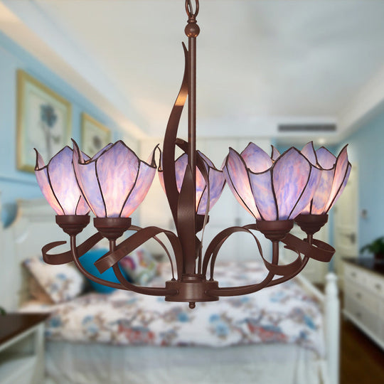 Baroque Pink/Purple Floral Chandelier Pendant - Bronze 3/5 Lights Kitchen Lamp