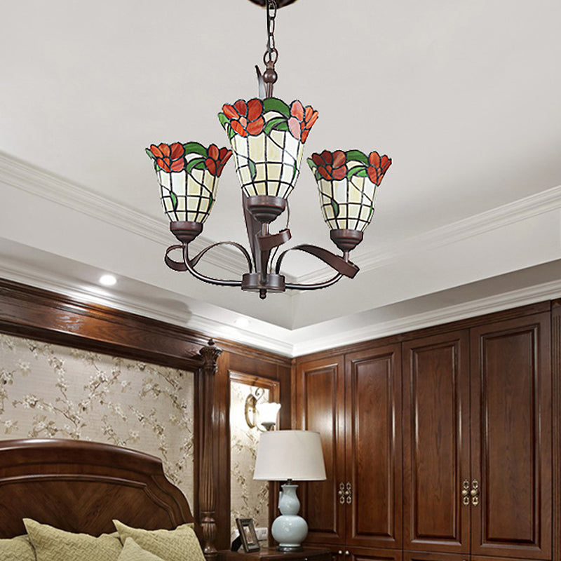 Red Glass Chandelier Pendant Light - Kitchen Ceiling Lamp with Blossom Design (3/5 Lights) - Mediterranean Style