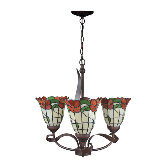 Red Glass Chandelier Pendant Light - Kitchen Ceiling Lamp with Blossom Design (3/5 Lights) - Mediterranean Style