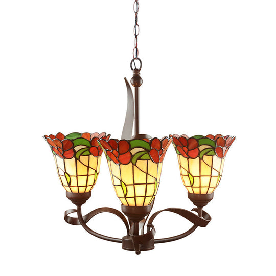 Red Glass Chandelier Pendant Light - Kitchen Ceiling Lamp with Blossom Design (3/5 Lights) - Mediterranean Style