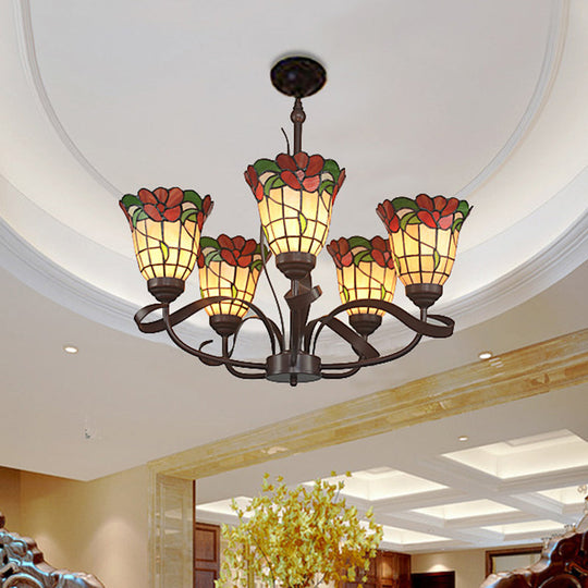 Red Glass Chandelier Pendant Light - Kitchen Ceiling Lamp with Blossom Design (3/5 Lights) - Mediterranean Style