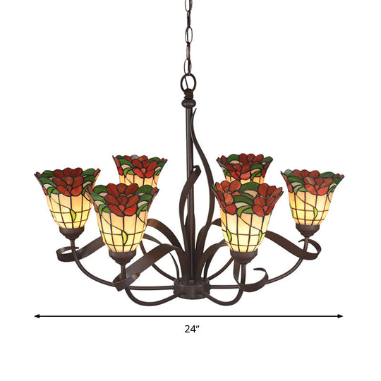 Red Glass Chandelier Pendant Light - Kitchen Ceiling Lamp with Blossom Design (3/5 Lights) - Mediterranean Style