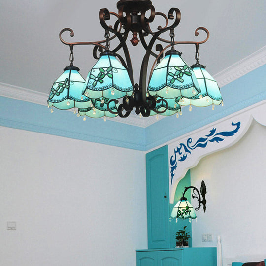 Baroque Hand Cut Glass Flower Chandelier - 6 Lights - Blue/Textured Silver - Living Room Ceiling Lamp