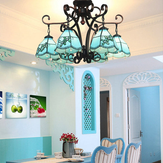 Baroque Hand Cut Glass Flower Chandelier - 6 Lights - Blue/Textured Silver - Living Room Ceiling Lamp