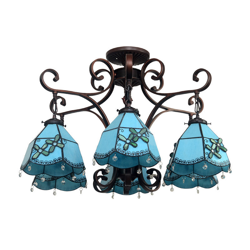 Baroque Hand Cut Glass Flower Chandelier - 6 Lights - Blue/Textured Silver - Living Room Ceiling Lamp