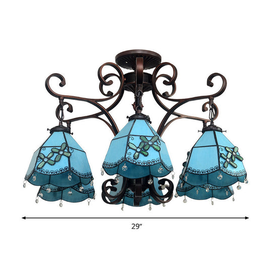 Baroque Hand Cut Glass Flower Chandelier With 6 Blue/Textured Silver Lights For Living Room Ceiling