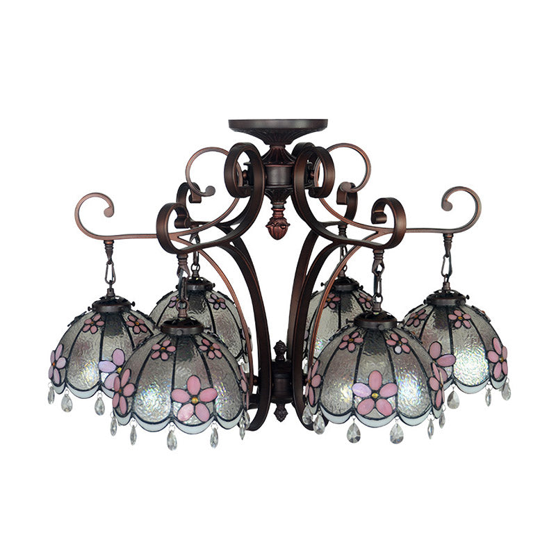 Baroque Hand Cut Glass Flower Chandelier - 6 Lights - Blue/Textured Silver - Living Room Ceiling Lamp