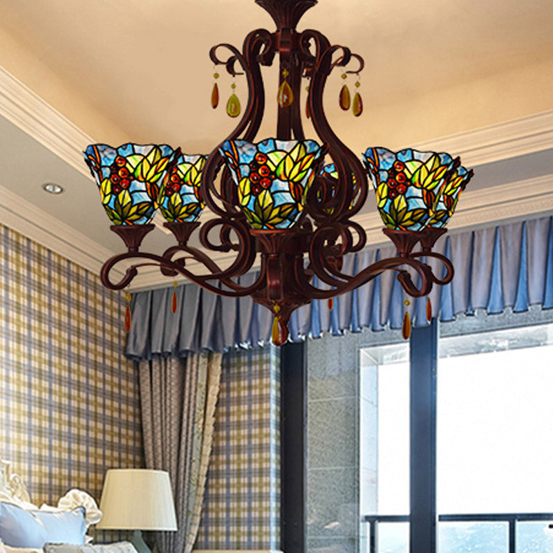 Victorian 6-Light Bedroom Ceiling Chandelier with Floral Stained Glass Shades in Red, Pink, and Blue