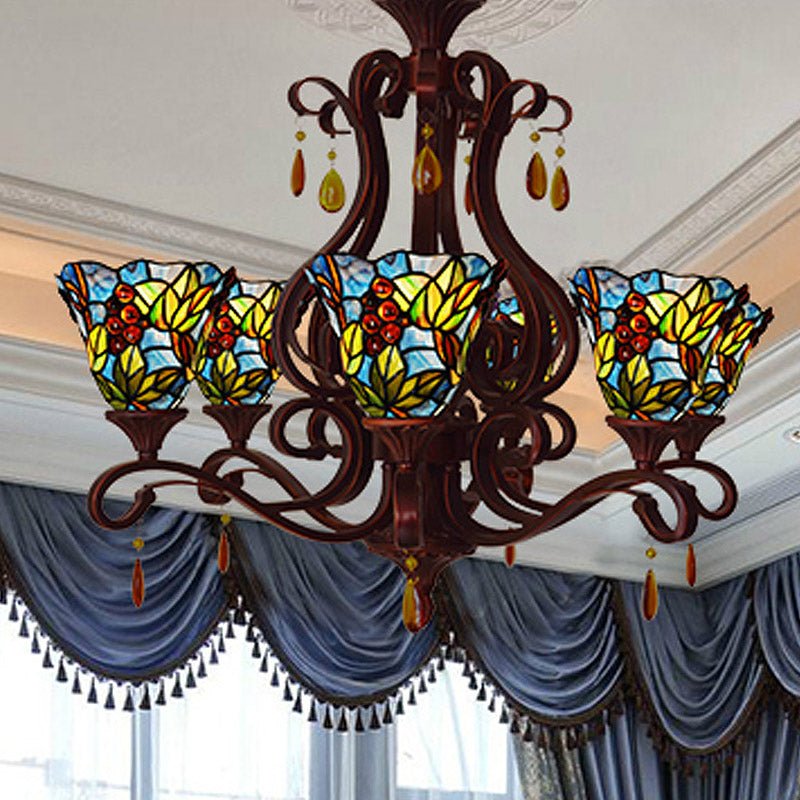 Victorian 6-Light Bedroom Ceiling Chandelier with Floral Stained Glass Shades in Red, Pink, and Blue