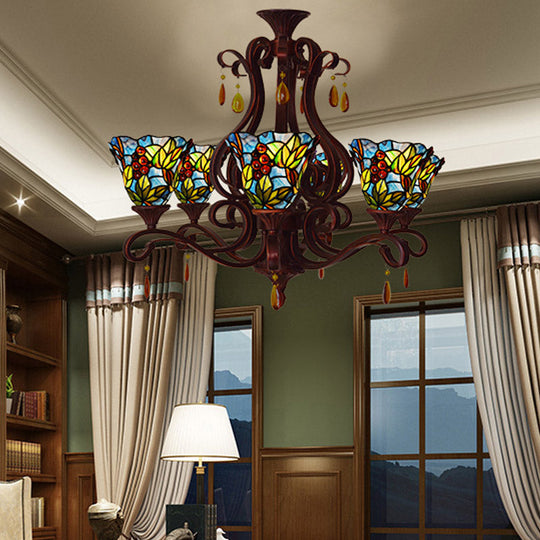 Victorian Bedroom Ceiling Chandelier With 6 Lights And Floral Stained Glass Shade In Red/Pink/Blue