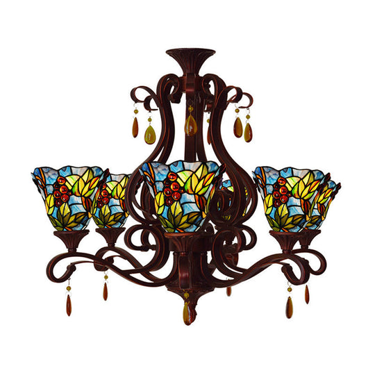 Victorian 6-Light Bedroom Ceiling Chandelier with Floral Stained Glass Shades in Red, Pink, and Blue