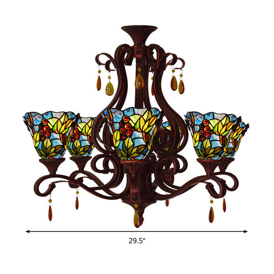 Victorian 6-Light Bedroom Ceiling Chandelier with Floral Stained Glass Shades in Red, Pink, and Blue