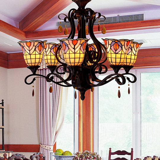 Victorian 6-Light Bedroom Ceiling Chandelier with Floral Stained Glass Shades in Red, Pink, and Blue