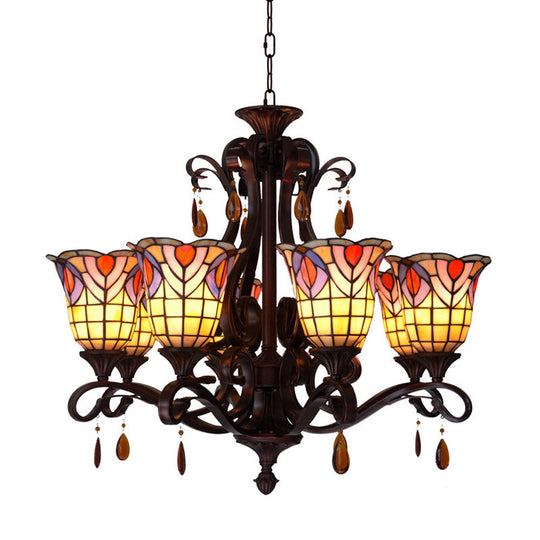 Victorian Bedroom Ceiling Chandelier With 6 Lights And Floral Stained Glass Shade In Red/Pink/Blue