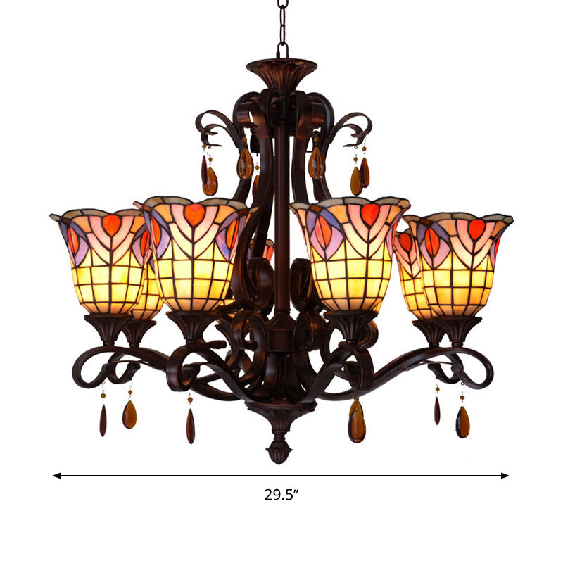 Victorian 6-Light Bedroom Ceiling Chandelier with Floral Stained Glass Shades in Red, Pink, and Blue