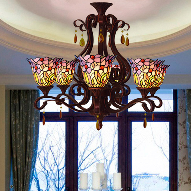 Victorian 6-Light Bedroom Ceiling Chandelier with Floral Stained Glass Shades in Red, Pink, and Blue