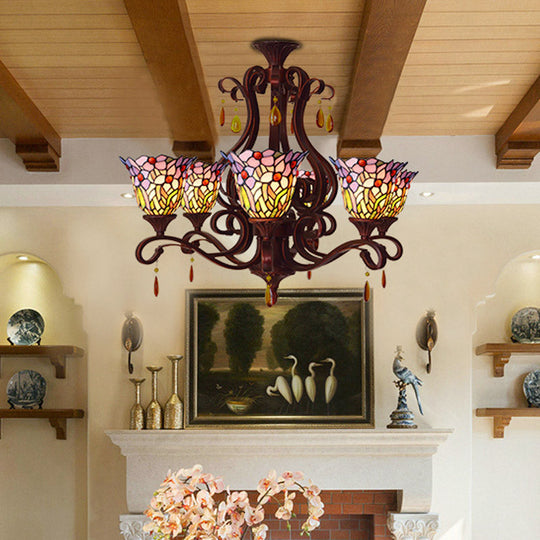 Victorian Bedroom Ceiling Chandelier With 6 Lights And Floral Stained Glass Shade In Red/Pink/Blue