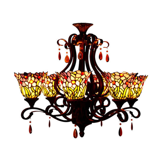 Victorian 6-Light Bedroom Ceiling Chandelier with Floral Stained Glass Shades in Red, Pink, and Blue