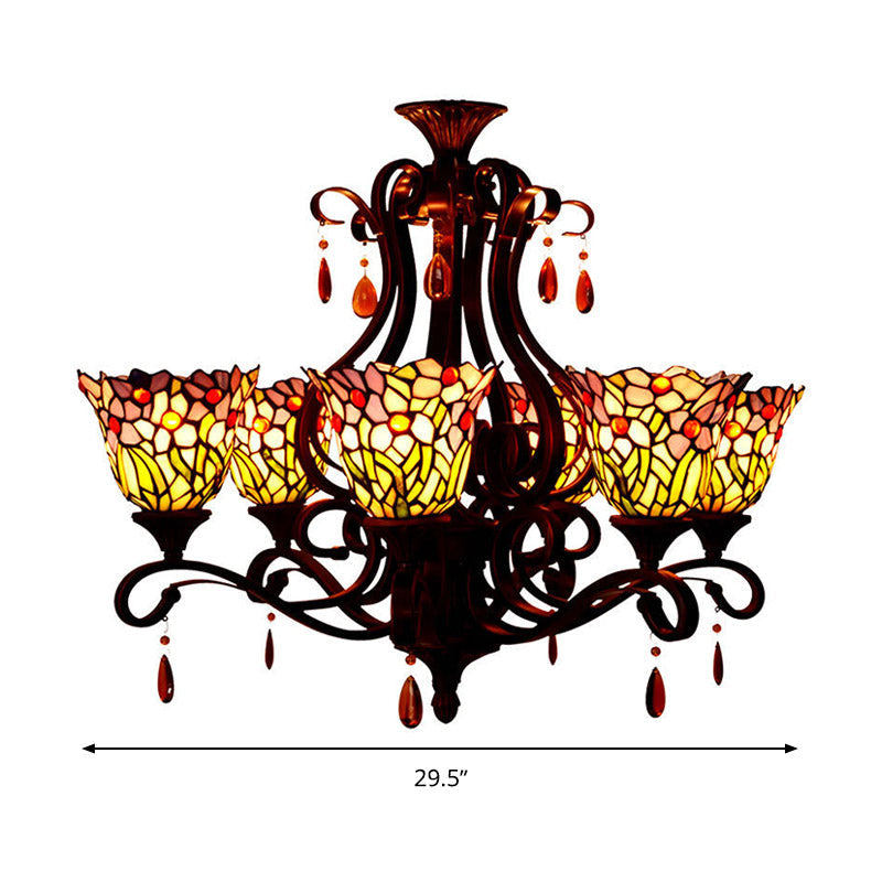 Victorian 6-Light Bedroom Ceiling Chandelier with Floral Stained Glass Shades in Red, Pink, and Blue