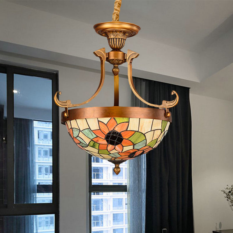 16"/18" W Stained Glass Flower/Leaf Chandelier Light Fixture - White Victorian Hanging Lamp Kit (3 Lights) for Corridor