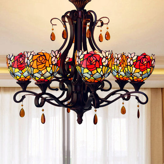 Stained Glass Domed Chandelier - Mediterranean 6-Light Pendant Light Fixture With Crystal Droplet