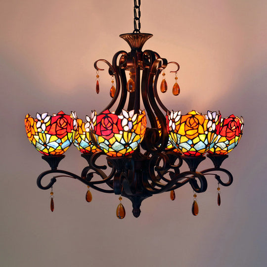 Mediterranean Stained Glass Chandelier - 6-Lights Red/Yellow/Blue Pendant with Crystal Droplet