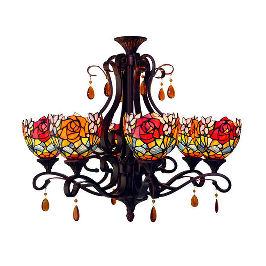 Mediterranean Stained Glass Chandelier - 6-Lights Red/Yellow/Blue Pendant with Crystal Droplet