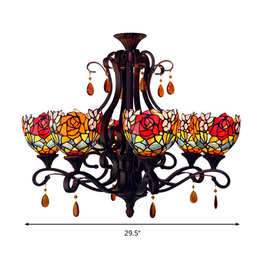 Mediterranean Stained Glass Chandelier - 6-Lights Red/Yellow/Blue Pendant with Crystal Droplet