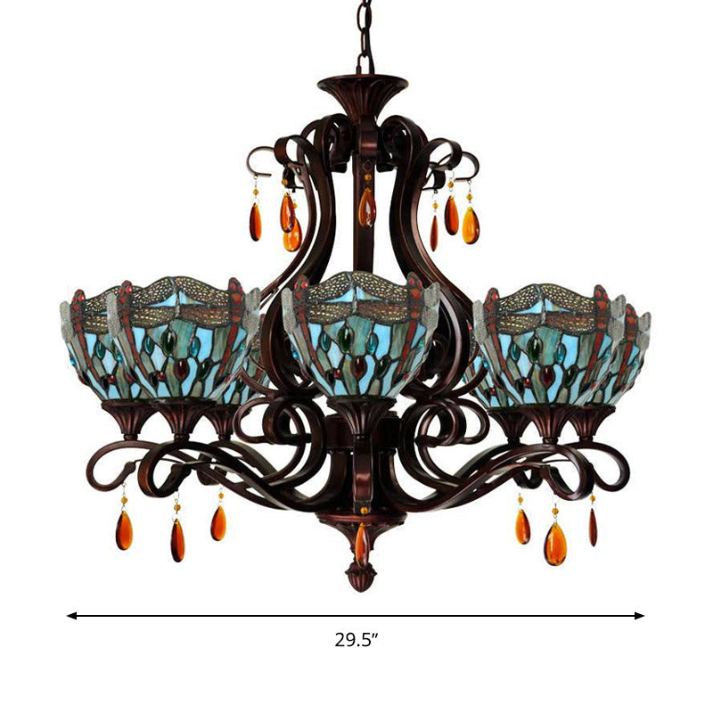 Stained Glass Domed Chandelier - Mediterranean 6-Light Pendant Light Fixture With Crystal Droplet