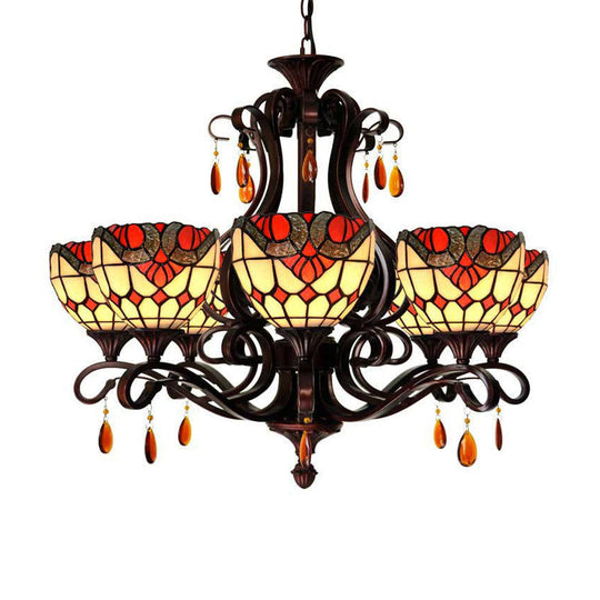 Mediterranean Stained Glass Chandelier - 6-Lights Red/Yellow/Blue Pendant with Crystal Droplet