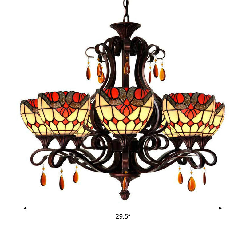 Mediterranean Stained Glass Chandelier - 6-Lights Red/Yellow/Blue Pendant with Crystal Droplet