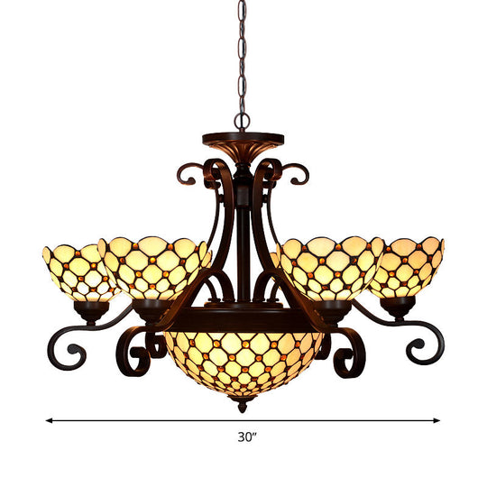 Stained Glass Chandelier Light Tiffany - Domed Design, 9 Lights - White/Red/Beige - Ideal for Living Room Suspension Lighting