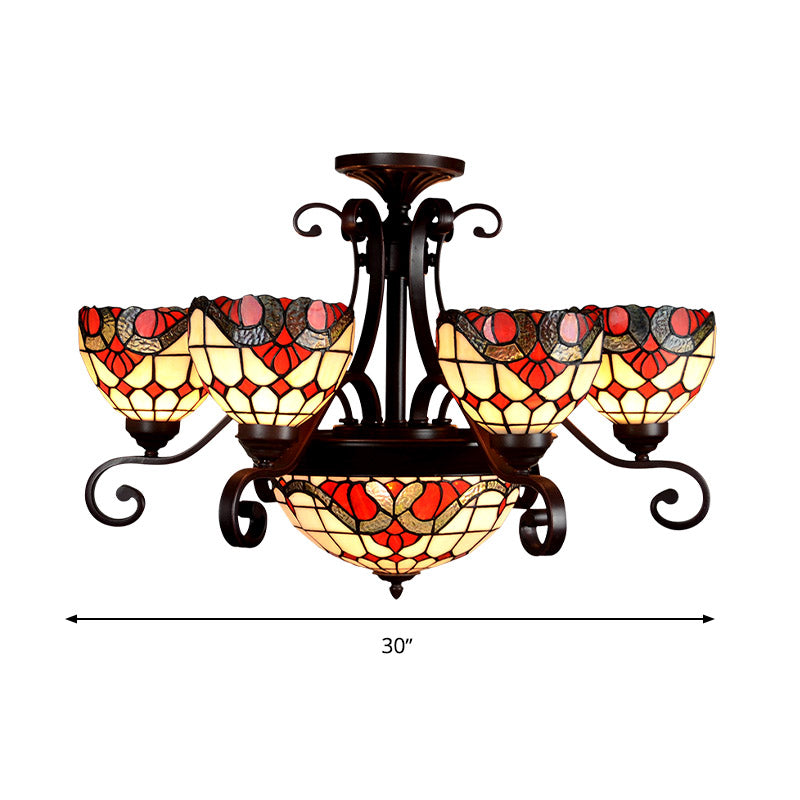 Stained Glass Chandelier Light Tiffany - Domed Design, 9 Lights - White/Red/Beige - Ideal for Living Room Suspension Lighting