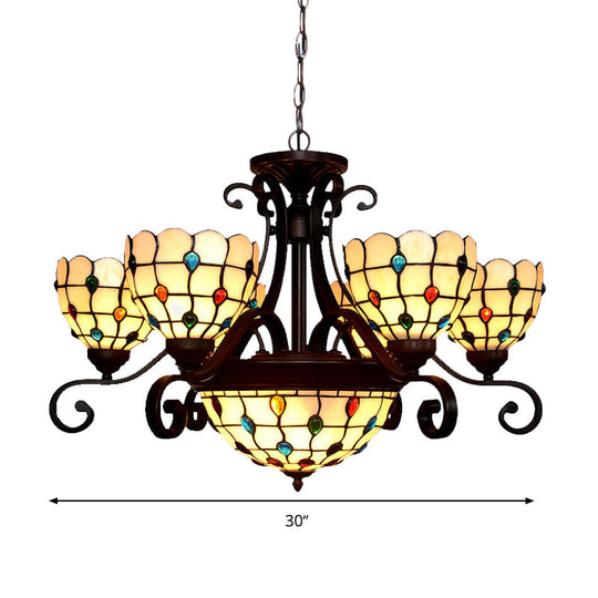 Stained Glass Chandelier Light Tiffany - Domed Design, 9 Lights - White/Red/Beige - Ideal for Living Room Suspension Lighting