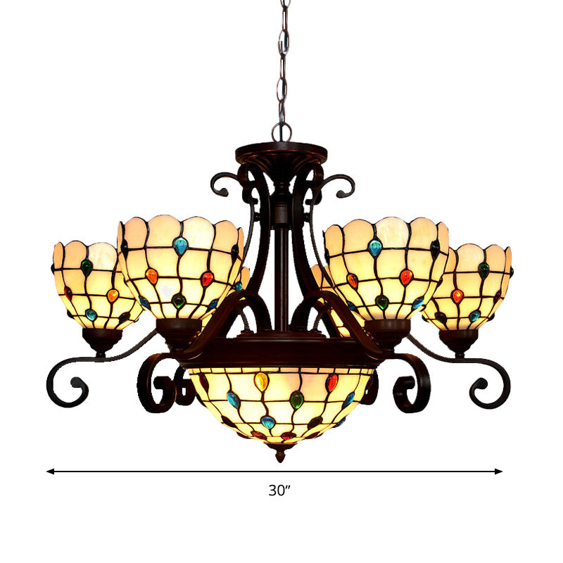 Tiffany Style Domed Stained Glass Chandelier With 9 Lights White/Red/Beige Suspension Lighting For