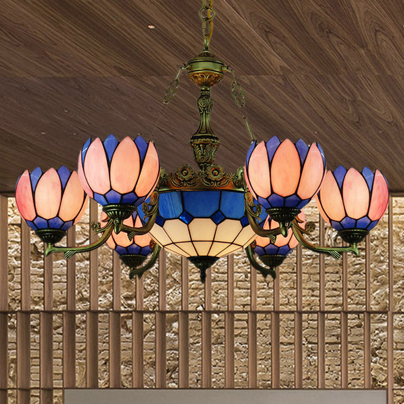 Tiffany Floral Stained Glass Chandelier With 7 Pink Drop Pendants For Living Room Lighting