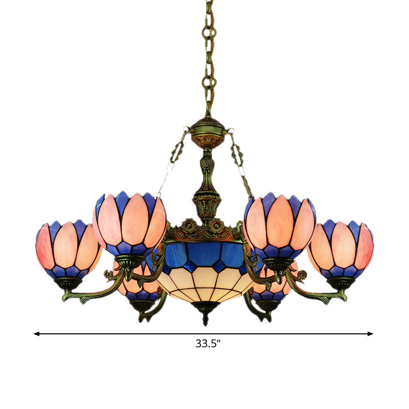 Tiffany Floral Stained Glass Chandelier With 7 Pink Drop Pendants For Living Room Lighting