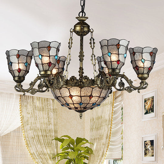 Tiffany Style Arm Chandelier with Frosted Glass Shades - 9/12 Lights Bronze Pendant Lamp for Living Room