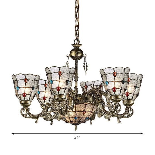 Tiffany Style Arm Chandelier with Frosted Glass Shades - 9/12 Lights Bronze Pendant Lamp for Living Room