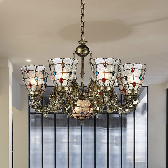 Tiffany Style Arm Chandelier with Frosted Glass Shades - 9/12 Lights Bronze Pendant Lamp for Living Room