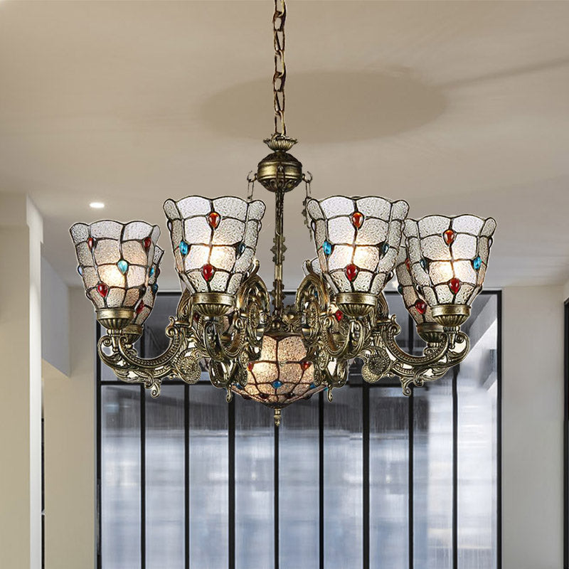 Frosted Glass Arm Pendant Chandelier - Tiffany Style 9/12 Lights Bronze Hanging Lamp For Living Room